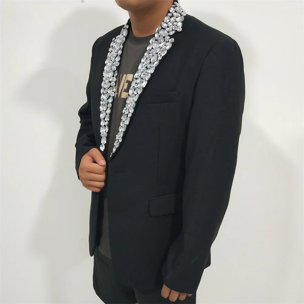 Formal Rhinestones Black Blazers Mens Singer Host Stage Performance Slim Coat Banquet Costume Party Groom Wedding Suit Jackets 250811