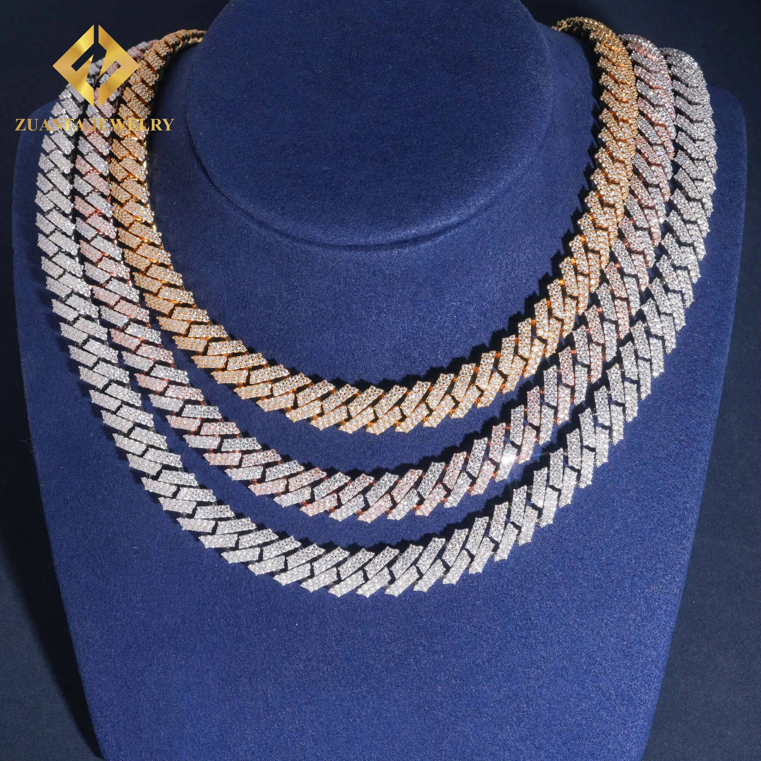 Pass Diamond Tester Moissanite 12mm Cuban Link Chain Mens Jewelry 925 Silver Gold Plated Hot Sale 2 Rows Moissanite Necklace