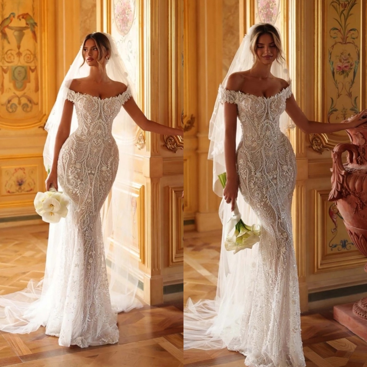 Graceful Wedding Dresses Appliques Off the Shoulder Bridal Gowns Lace Sequins Mermaid Floor Length Customized Vestidos De Novia Plus Size