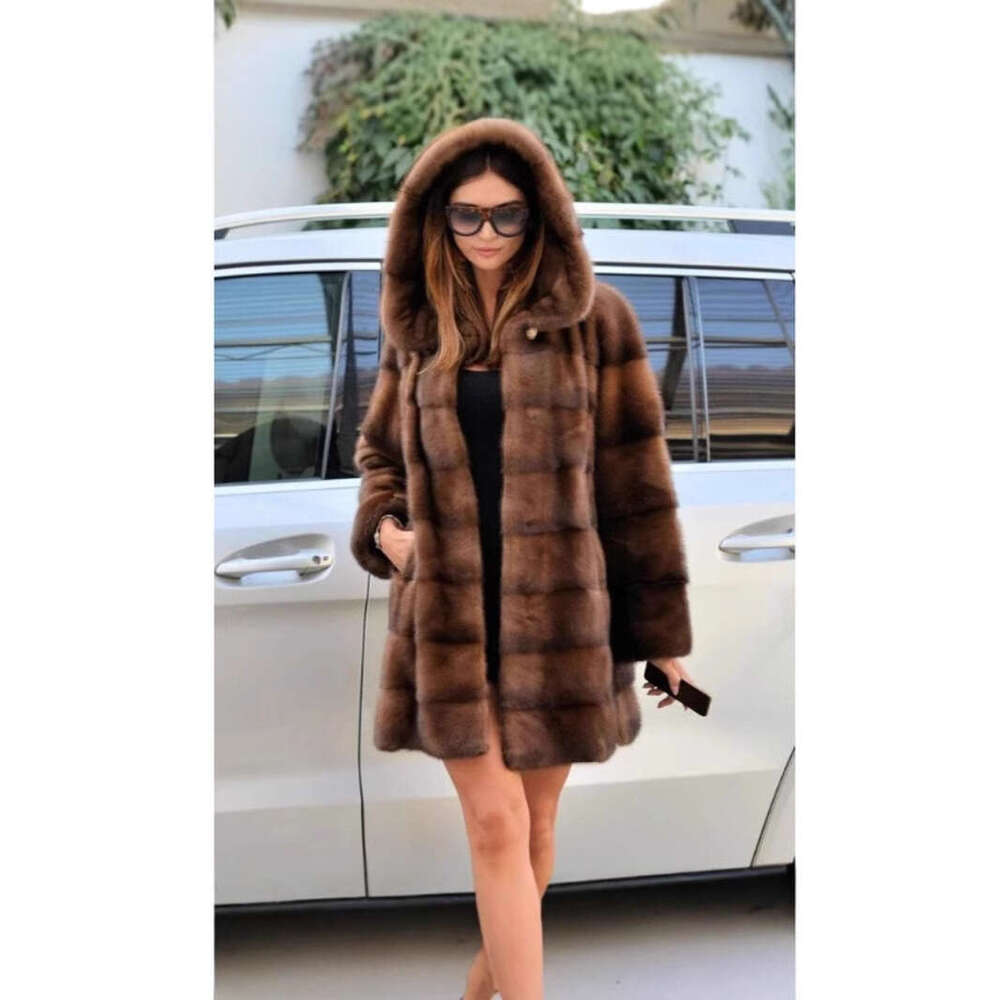 Women's mink fur coat medium long hooded coat fur plus size casual winter warm loose