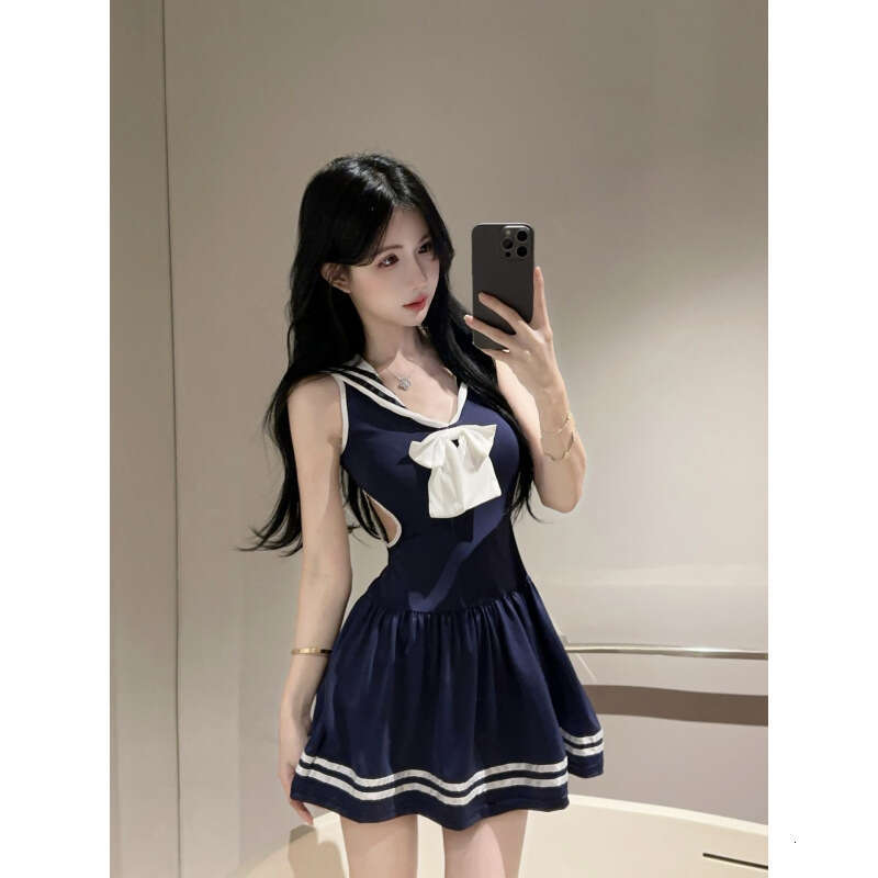 Sexy College - Style Pleated Dress Hollow Out Back Bow Accent Sailor Collar Y2K Aesthetic for Daily Date Nightsv