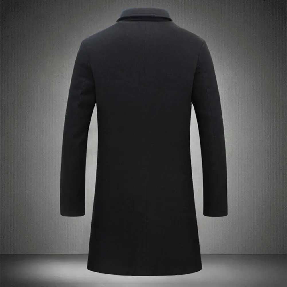 Men Windproof Casual Overcoat Woolen Coat Notch Lapel Long Sleeve Single Breasted Jacket Solid Color Business Coat W250815