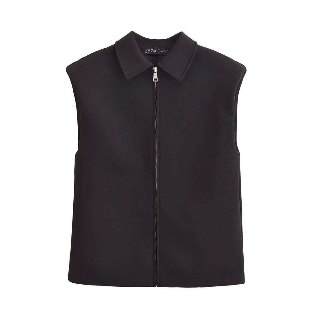 Designer Clothing 2025 TRAF Basic Style Black Jacket For Woman Zipper Design Turn-Down Collar Short Vest Top Daily Casual Street Clothing
