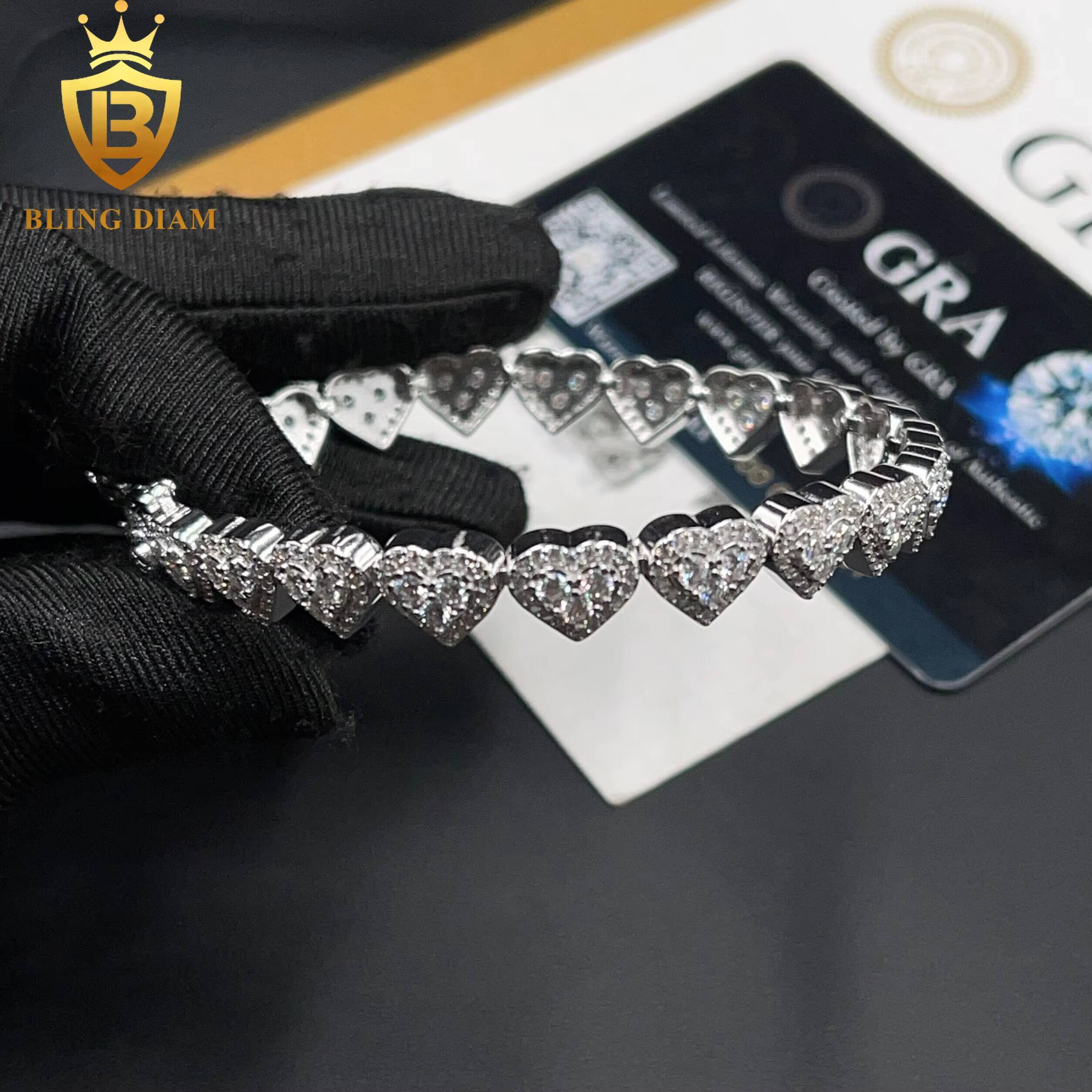 Fashion Jewelry 925 Sterling Silver VVS Moissanite Heart Shape Cuban Tennis Chain 8mm Bracelet