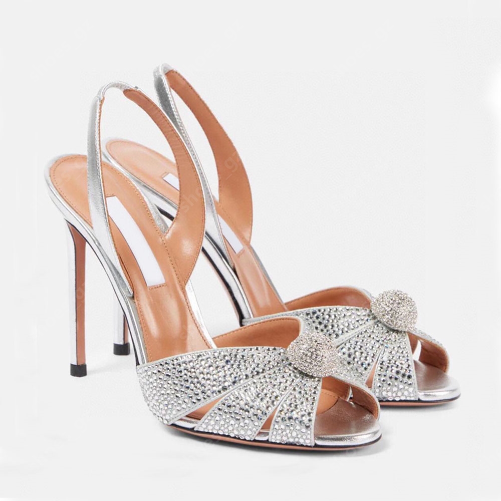 designer Crystal ball decoration Metallic feeling sandals Women Stiletto Heel Inlaid rhinestone Back Strap high heels Party Wedding shoes 10.5cm Bring box