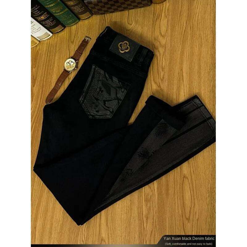 2024 Light High-End Black Denim Trousers Men's Fashion Design Landscape Painting Printing Stretch Slim Fit Skinny Pants