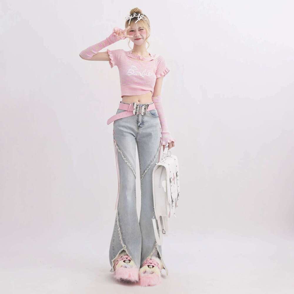 Haruku Streetwear Retro Fashion Women High Waist Jeans Horn Fork Design Wide Leg Straight Loose Denim Trousers Y2K Baggy Pants