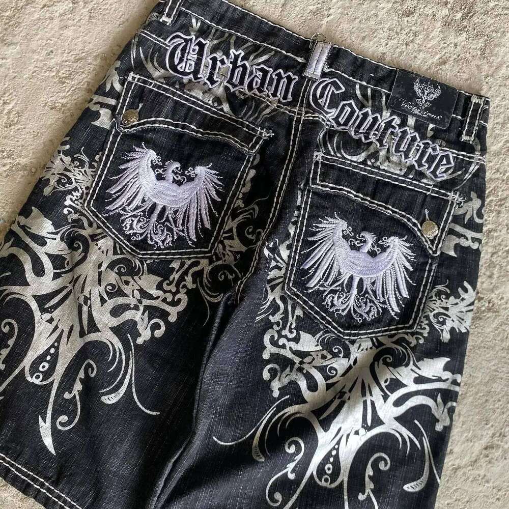 Streetwear Denim Mens Embroidery American Hip Hop Printed Loose Gothic Retro Haruku Fashion Y2K New Shorts
