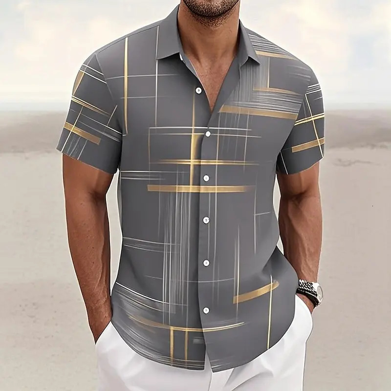 8 Color Mens Geometric Grid Shirt Button Short Sleeve Fashion Casual Outdoor Vacation Streetwear 3D Printed Lapel 250804
