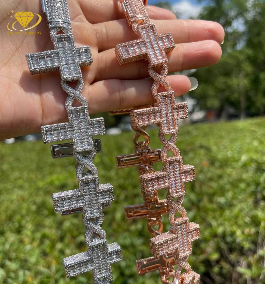 Hip Hop Iced Out 20mm Certified Chains Colorless Moissanite Diamond Bracelet Baguette Cross Infinity Cuban Link Chain Necklace