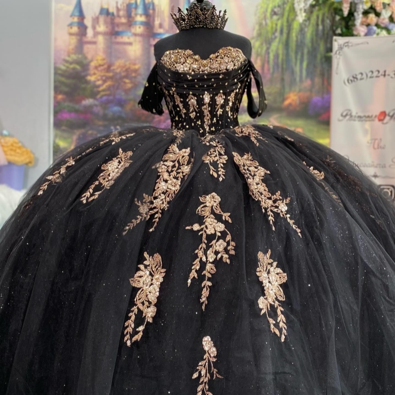 Black Shiny Princess Sweet 16 Dress Quinceanera Dresses Applique Beads Bow Tull Party Birthday Vestido De 15 Anos Ball Gowns