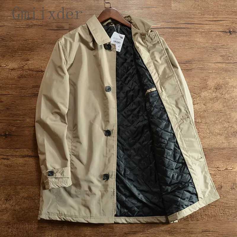 Mens Elegant Windbreaker Korean Style Simple Cotton Jacket for Warmth in Winter Medium Length Lapel Trench Coat Button Up Top W250815