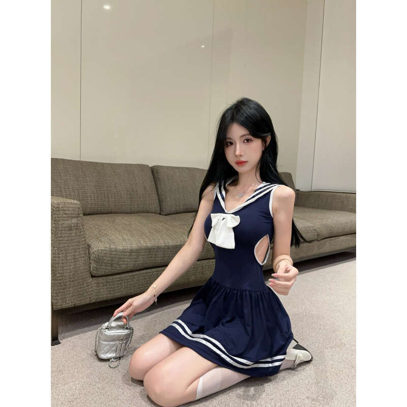 Sexy College - Style Pleated Dress Hollow Out Back Bow Accent Sailor Collar Y2K Aesthetic for Daily Date Nightsv