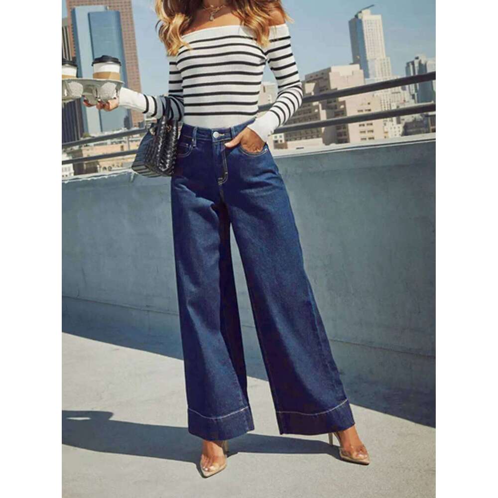 2025 New Summer Women's High Waist Wide Leg Jeans - Classic dark blue washed stretch jeans with button fly for an elegant style.