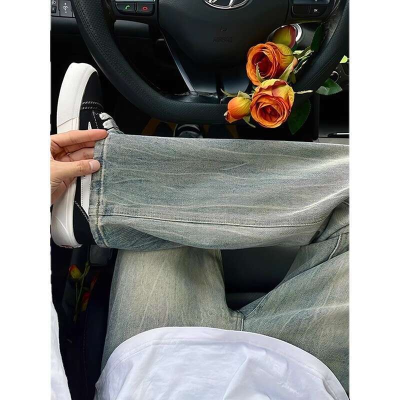 Washed Bamboo Pattern Jeans For Men Summer Flared Vibe American High Street Crotch Lift Straight Pants B5