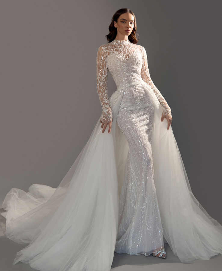 Vintage Mermaid Wedding Dress High Collar Long Sleeves Bridal Gowns Sequins Appliques Detachable Train Dresses Custom Made vestidos de novia