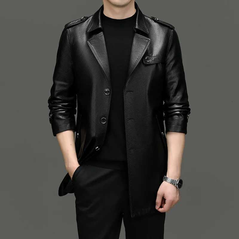 Autumn Leather Trench Coat Men Luxury Party Single Breasted PU Leather Coat Male Trendy Long Motorcycle Windproof Jacket W250815