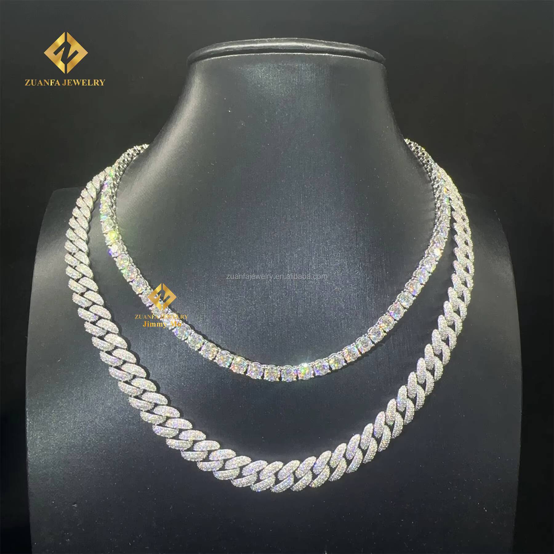 Hot Selling Fire Jewelry Lowest Price 10mm Iced Out Man Hip Hop Pass Diamond Tester Moon Shape Moissanite Miami Cuban Link Set