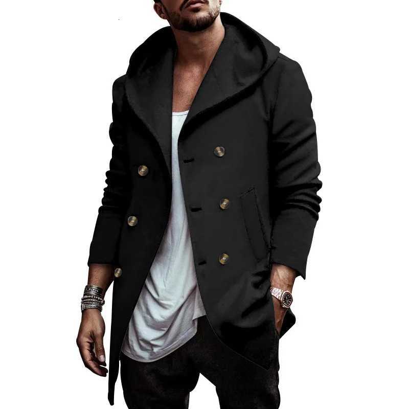 Mens Medium and Long Lapel Hooded Composite Space Cotton Double-Breasted Casual Trench Coat W250815
