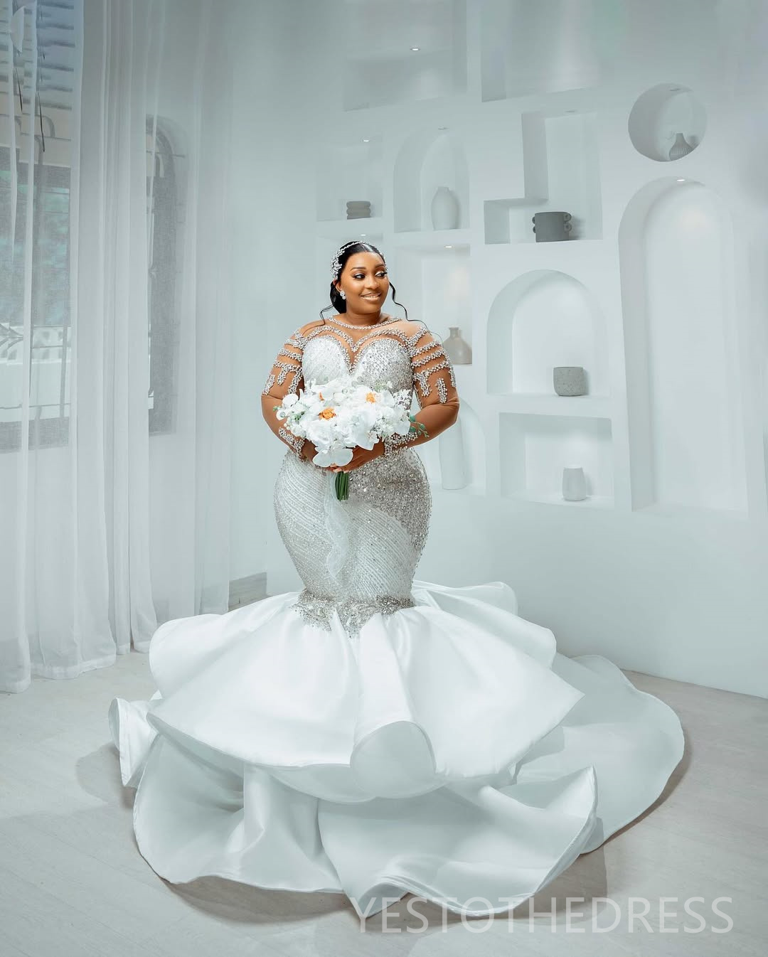 2025 Plus Size Off White African Wedding Dress Bridal Gowns For Bride Mermaid Detachable Trai Sheer Neck Beaded Lace Tiered Tulle Wedding Gowns For Bl