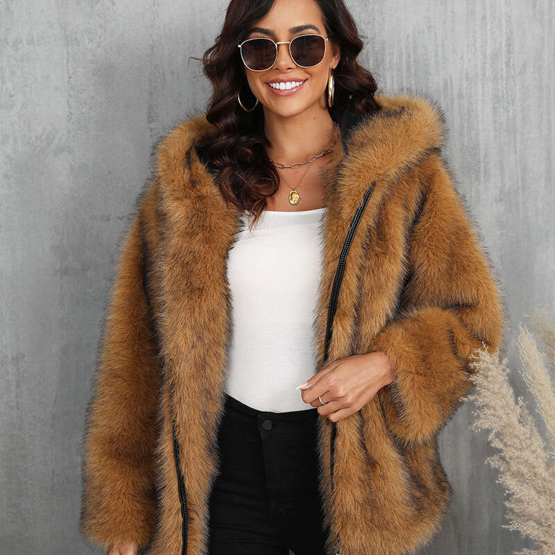 Women's Clothing Solid Color Loose Hooded Short Fur Collar Coat Warm Winter Wear 20250815