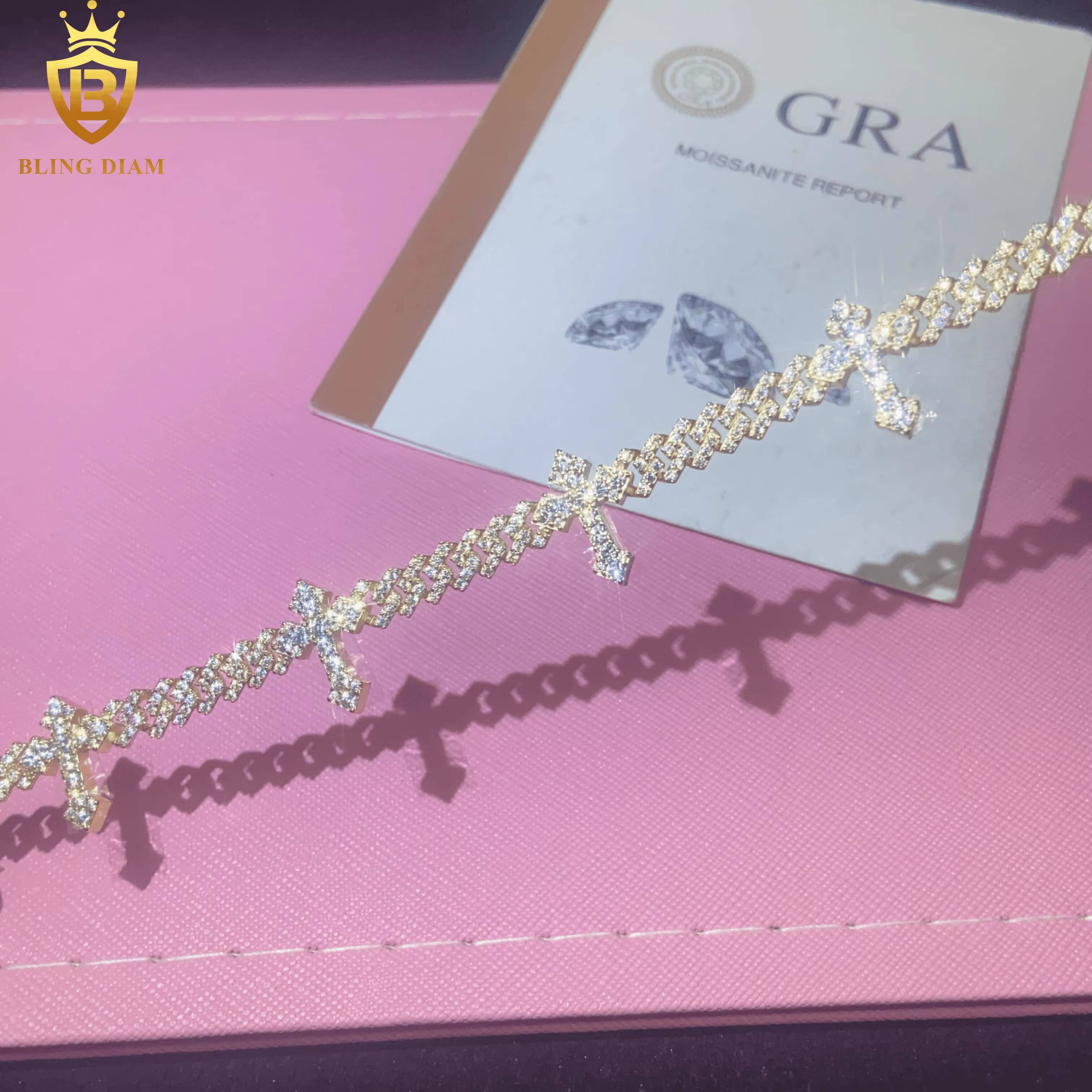 New Design Fashion Cross Bracelet 925 Sterling Silver Chain Moissanite Cuban Bracelet Men Women HipHop Style Pass Diamond Tester