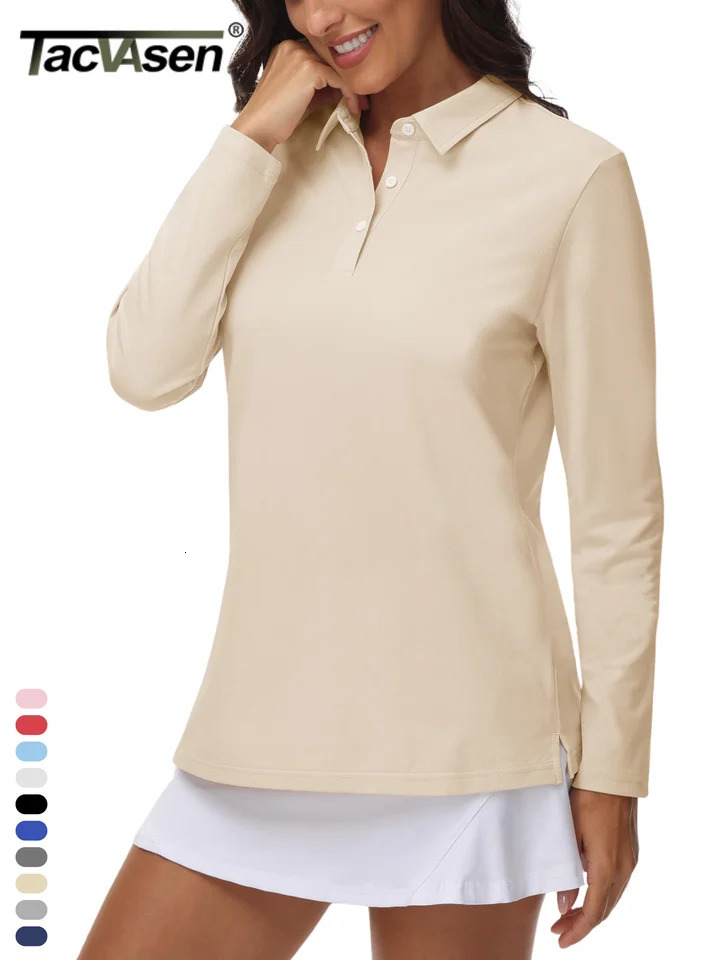TACVASEN 3Button Long Sleeve Polos Womens Cotton VNeck Hiking Golf Tops Breathable Outdoor Sports Collared Pullover Tee Shirts 250814