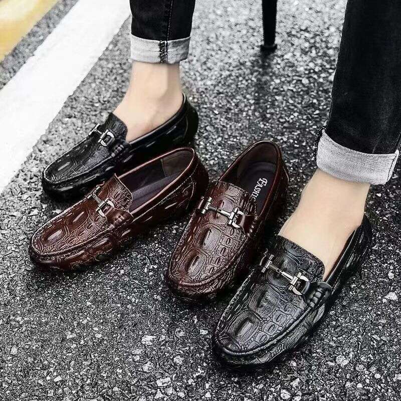 New Crocodile Pattern Bean Genuine Soft Sole, One Step, Korean Edition Trendy and Fashionable Men's Casual Leather