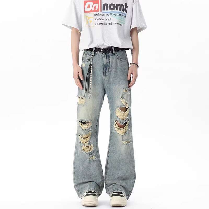 Summer Thin Ripped Jeans For Men American High Street Vibe Style Unique Design Loose Destroyed Pants B5
