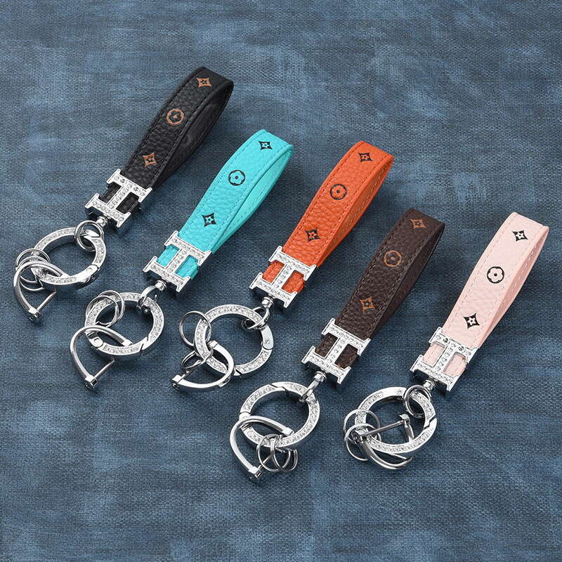 New Style Dia-Encrusted Zinc Alloy Car Woven Metal Key Ring Accessories Chain Leather Rope Keychain