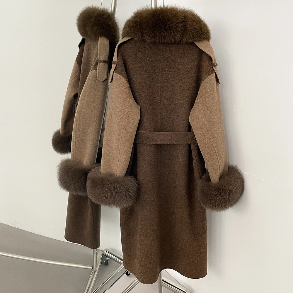 CXFS Autumn Winter Clothing Women Natural Fox Fur Cashmere Double-faced Woolen Jacket Long Single-breasted Belt Wool Coat Female 250811