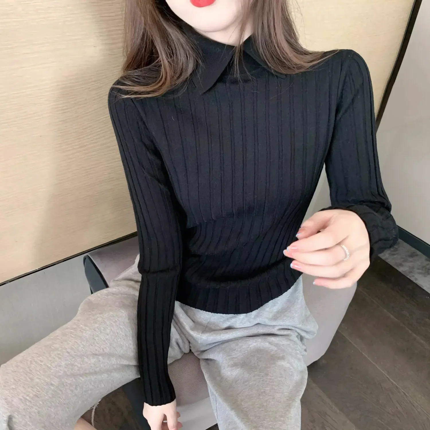 Long Sleeve Womens Polo Tshirts Plain Autumn Winter Slim Knitted in Trend High Quality Aesthetic Basic Fashion Female Tee 250814