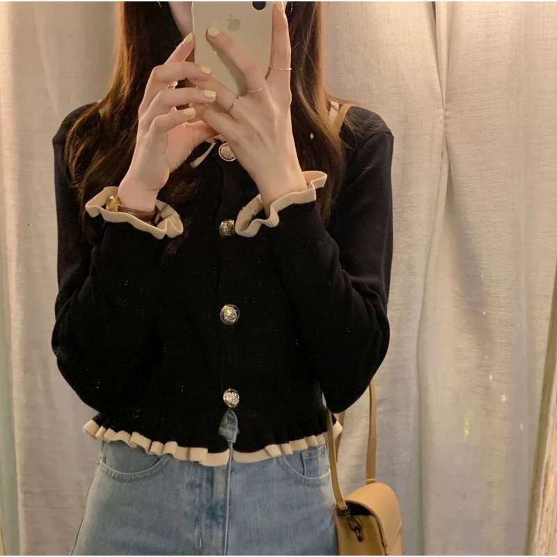 Korean Womens Long Sleeve Knitted Shirt Tops Autumn Polo Collar Crop Women 250814