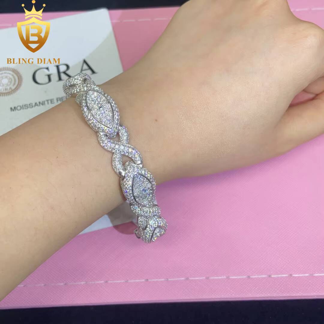 New Design Fashion 925 Silver Cuban Chain Eye Bracelet Moissanite Cuban Bracelet Men Women Hip Hop Style Pass Diamond Tester GRA