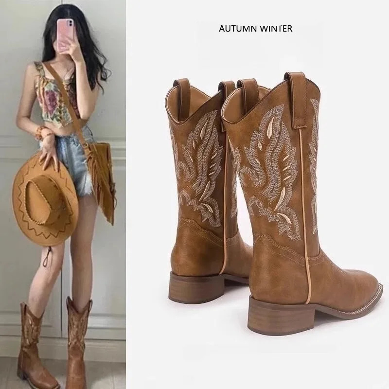 Versatile Western Cowboy Boots Summer Coarse Heel Embroidered Sleeve Knight Boots Mid Barrel Square Head Horseshoe Large 250809