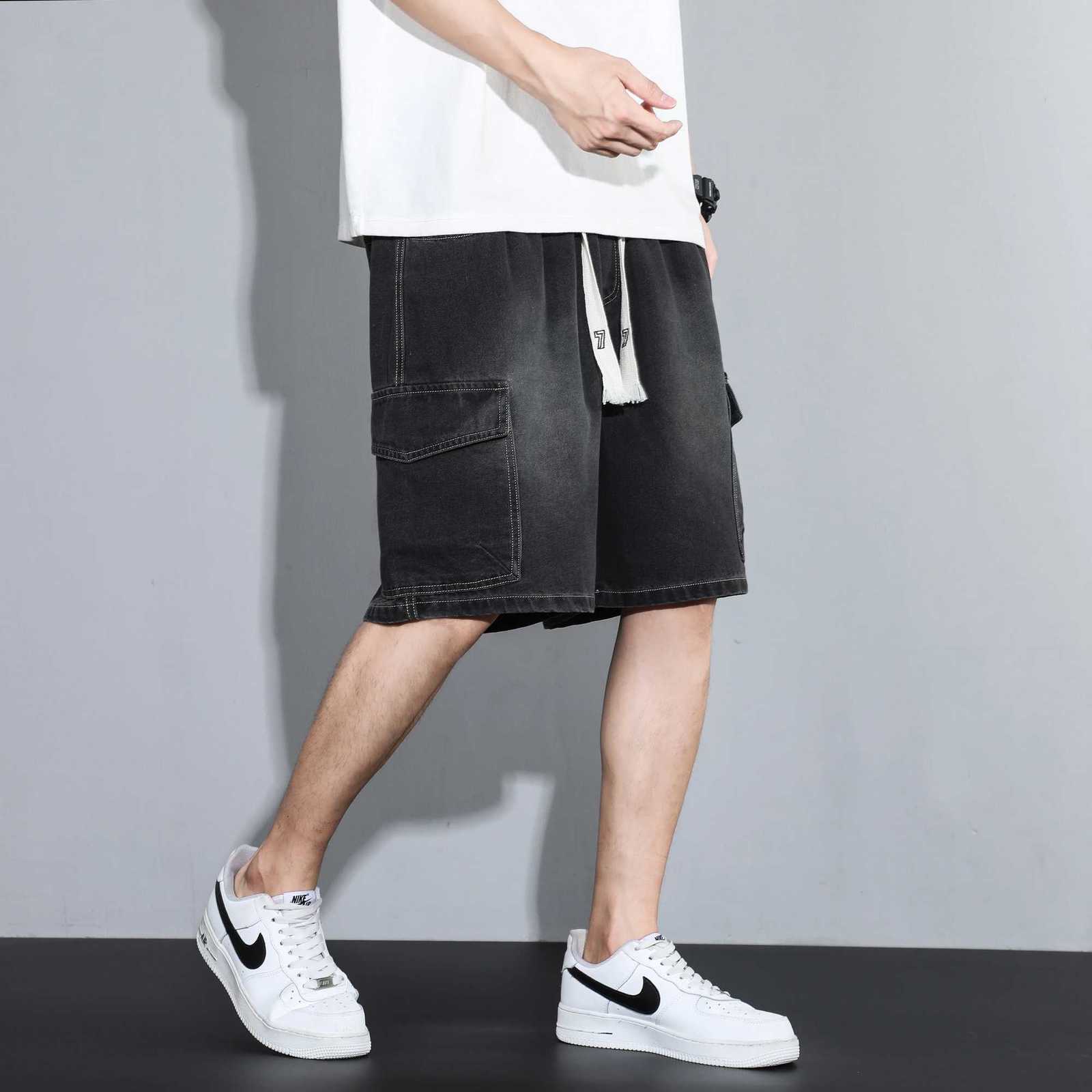 Big Tall Mens Vintage Denim Shorts Elastic Waistband Loose Fit Workwear Summer Cargo Shorts Retro Blue/Black Durable Y250814