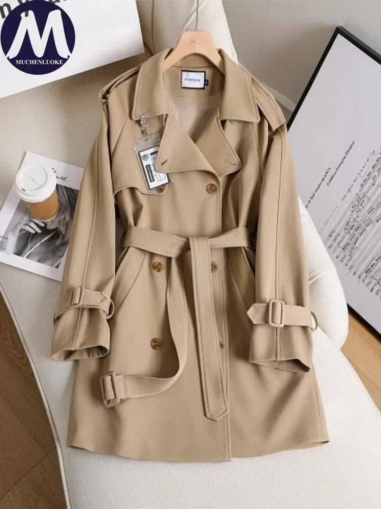 Womens Trench Coat 2024 Spring Autumn Korean Fashion Long Sleeve Belt Mid Length Casual Loose Lace Up Women Jackets 250805