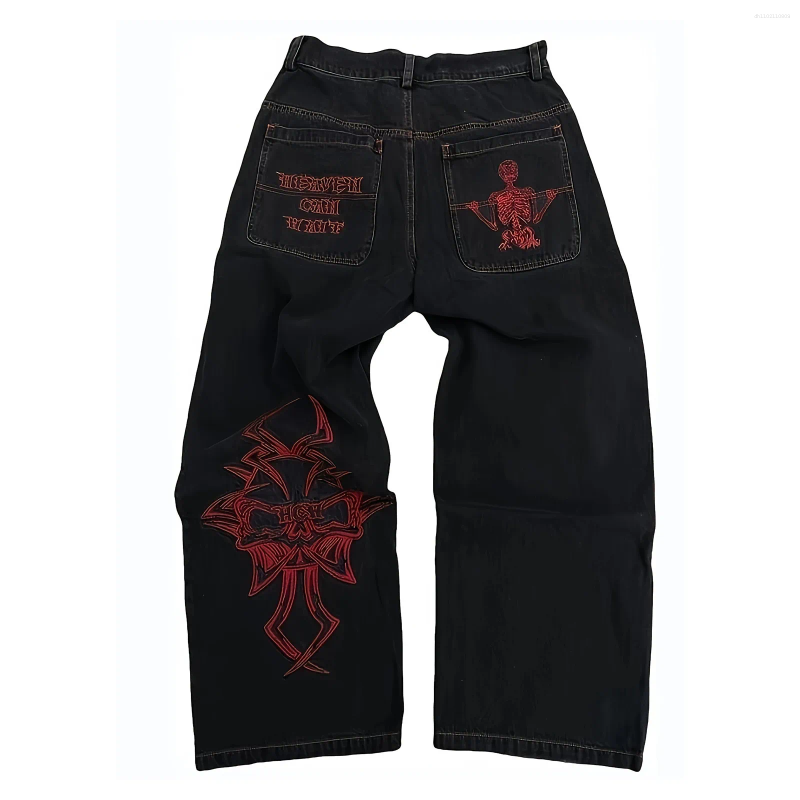 Men's Jeans Fully Embroidered High Street Hip Hop Fashionable Loose Straight Leg Wide Pants