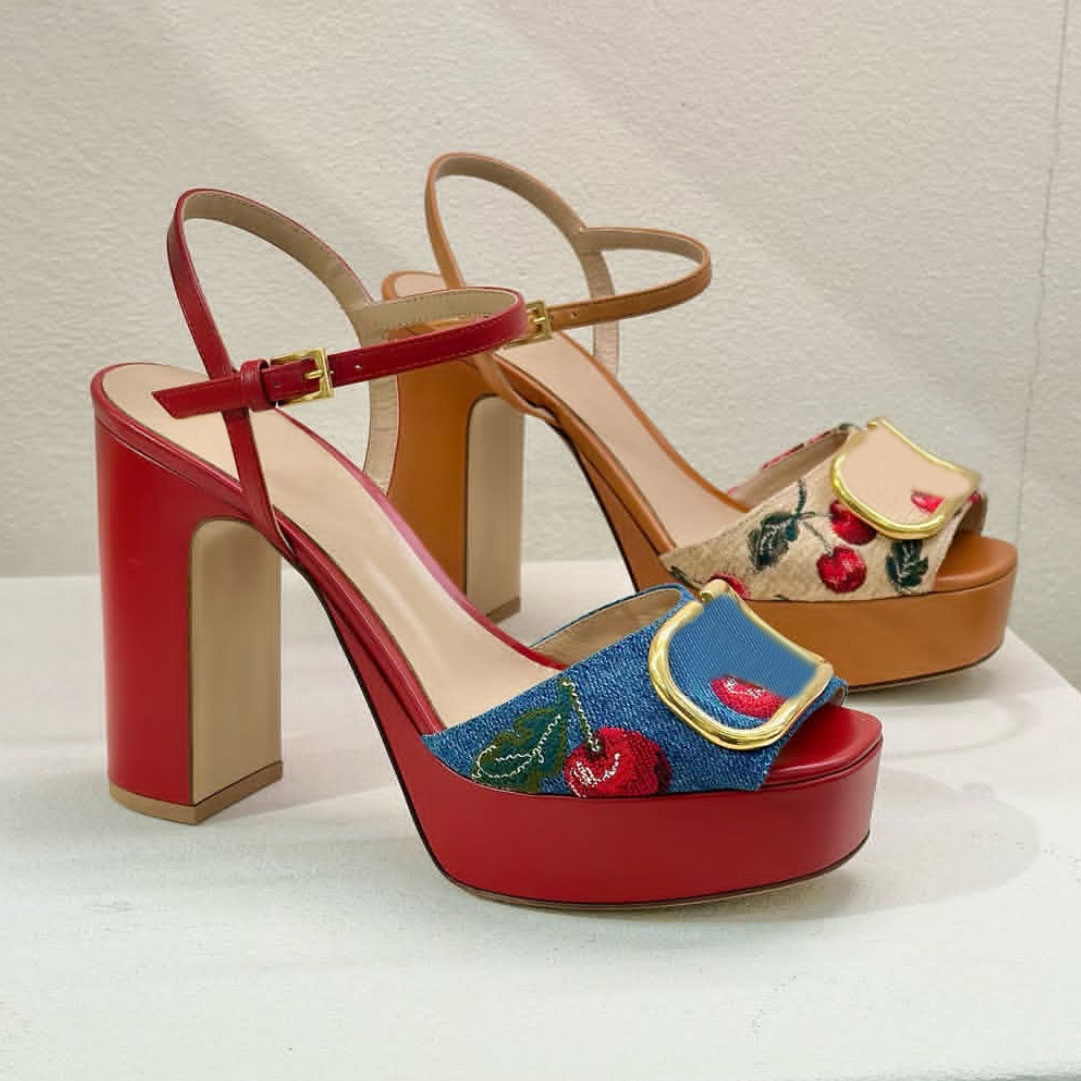 designer shoes Signature Cherryfic Platform Sandal 115mm Woman Natural/red Wedding Bridal Shoes Platform High Heels Patent Leather Square Toes Ankle Dress shoes