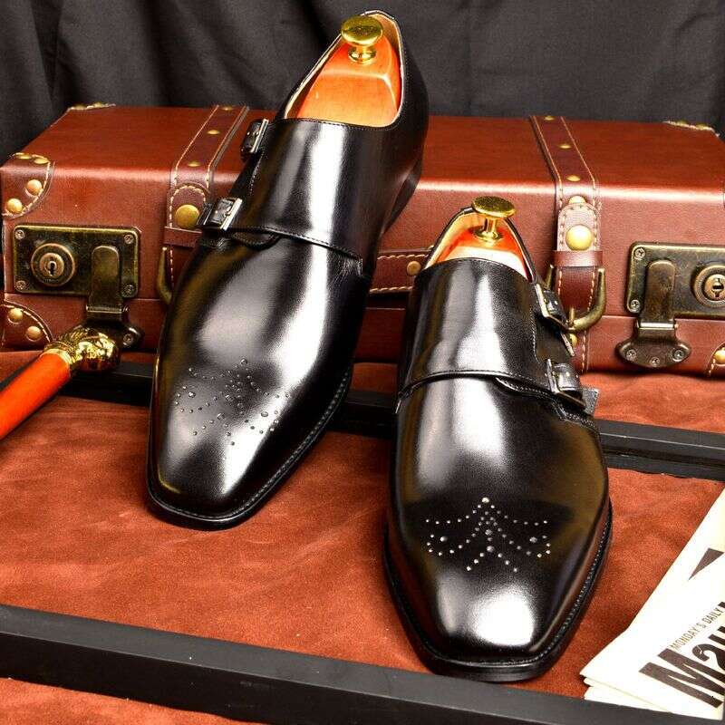 Unbeatable Quality Double Buckle Mengke Goodyear Suit One Foot Square Toe Handmade Leather Shoes, Men's