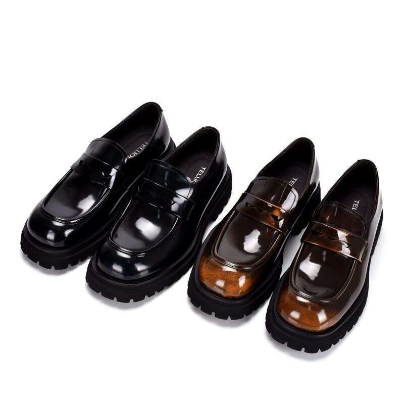 Thick Soled Loafers, Korean Version, Casual Trendy. First Layer Cowhide, One Step Shiny Leather, Comfortable And