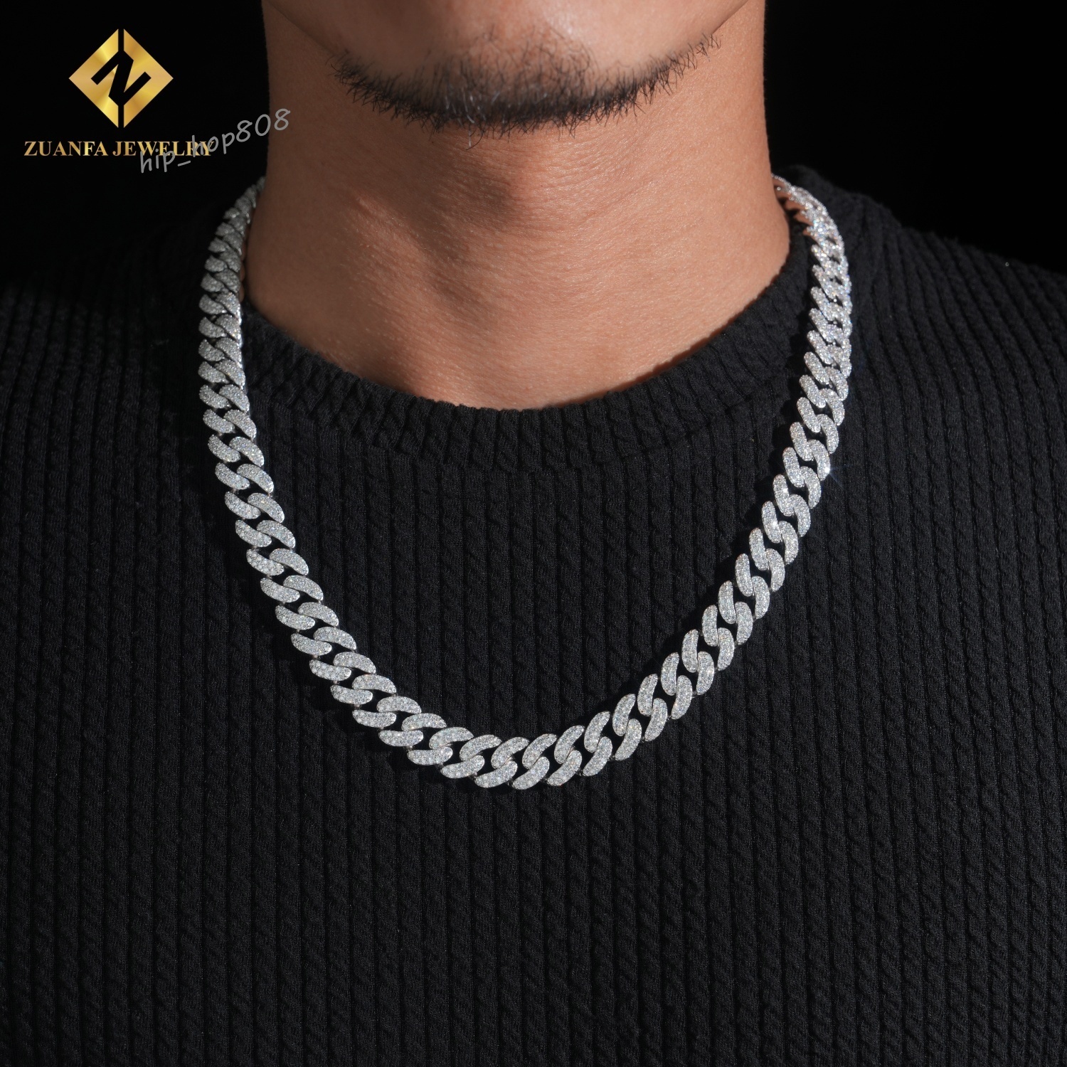 New Arrivals Hip Hop Jewelry Iced Out 12mm Moon Shape Sliver 925 Lab Diamond Moissanite Cuban Link Chain Necklace