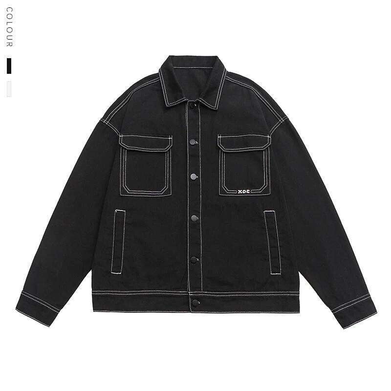 Designer Clothing 2025 Men's Fashion Baggy Jacket Streetwear Large Pocket Contrast Design Oversized Black White Washed Denim Coats Autumn