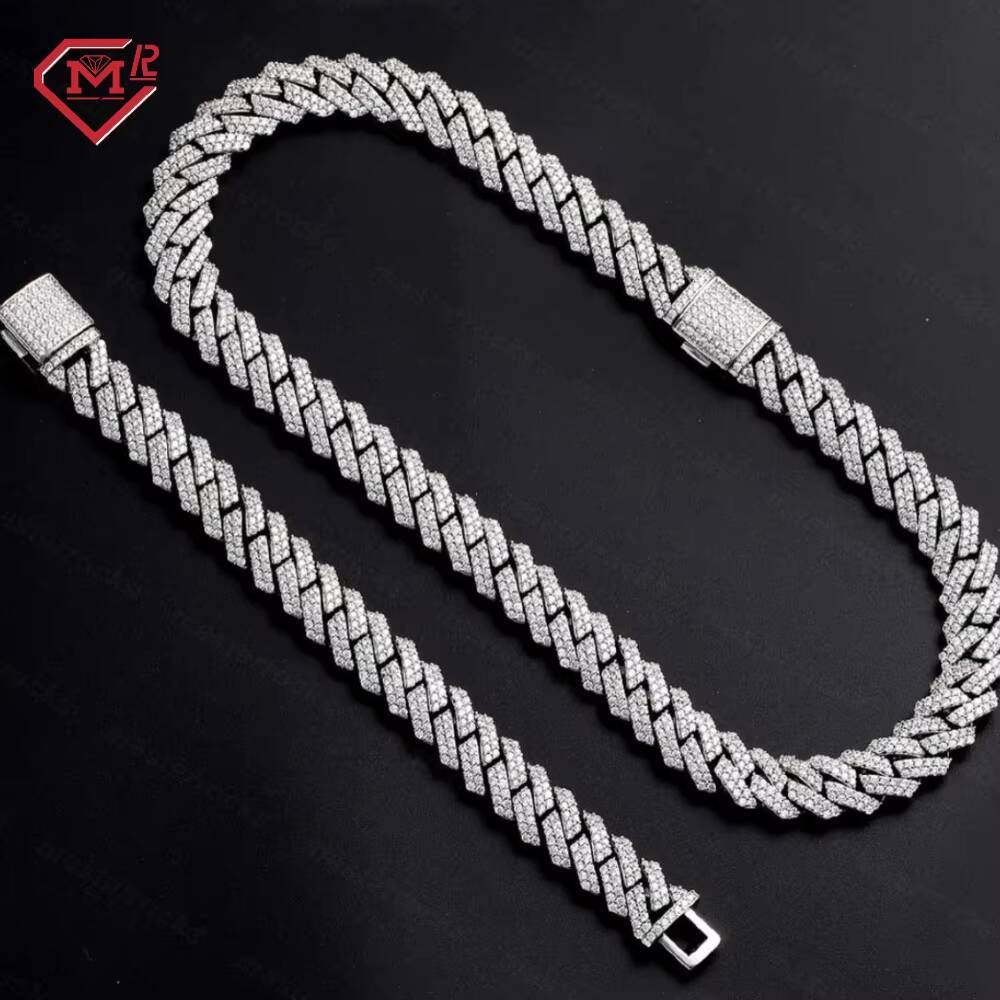 Iced Out Hip Hop 2 Rows Cuban 12mm 925 Sterling Silver VVS Diamond Moissanite Cuban Link Chain for Men
