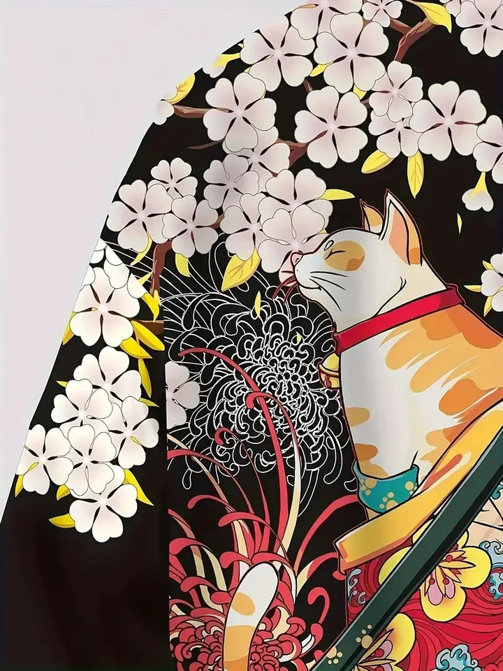 Flower Cat 3D Graphic Print Mens Spring Summer Shirt Japanese Kimono Retro Casual Cardigan Top Creative Gift for Man 250804