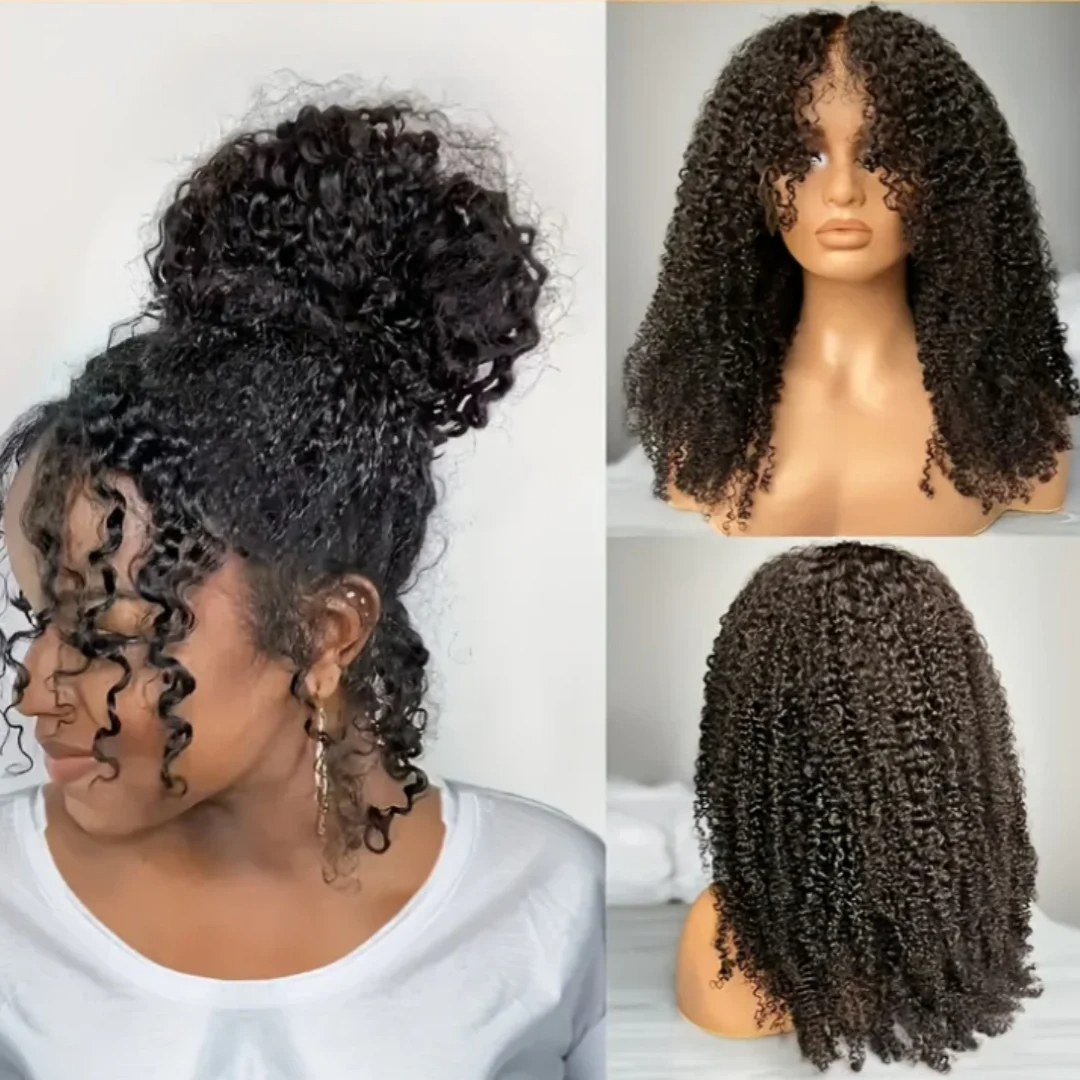 Kinky Curly Lace Front Wig With Bang Short Bob Lace Frontal Wigs Wear And Go Glueless Wig 13x4 Lace Front Human Hair Wigs 360 Full Lace Wig Synthetic 