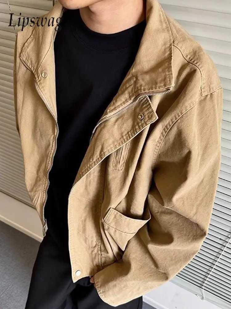 Trendy Multi Pockets Zip-up Crop Jacket Coat For Men Autumn Outerwear Casual Solid Color Short Jackets Vintage Mens Short Coat W250815