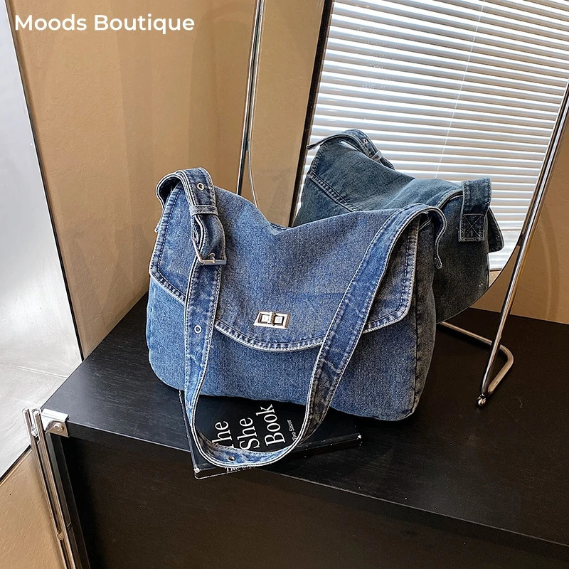 Denim Fabric Flap Messenger Bags For Women Blue Large Capacity Shoulder Crossbody Bag Casual Street Zippered Retro Handbags 250809