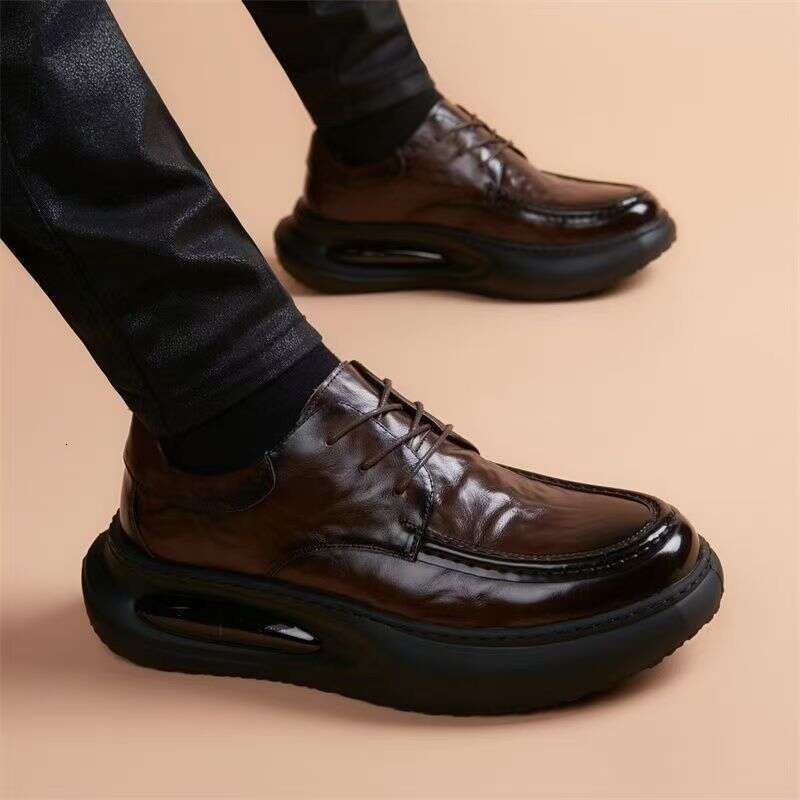 Men's Spring New Trendy Shoes, Genuine Loafers, Air Cushioned Thick Sole, Height Increasing Sports, Business And Casual