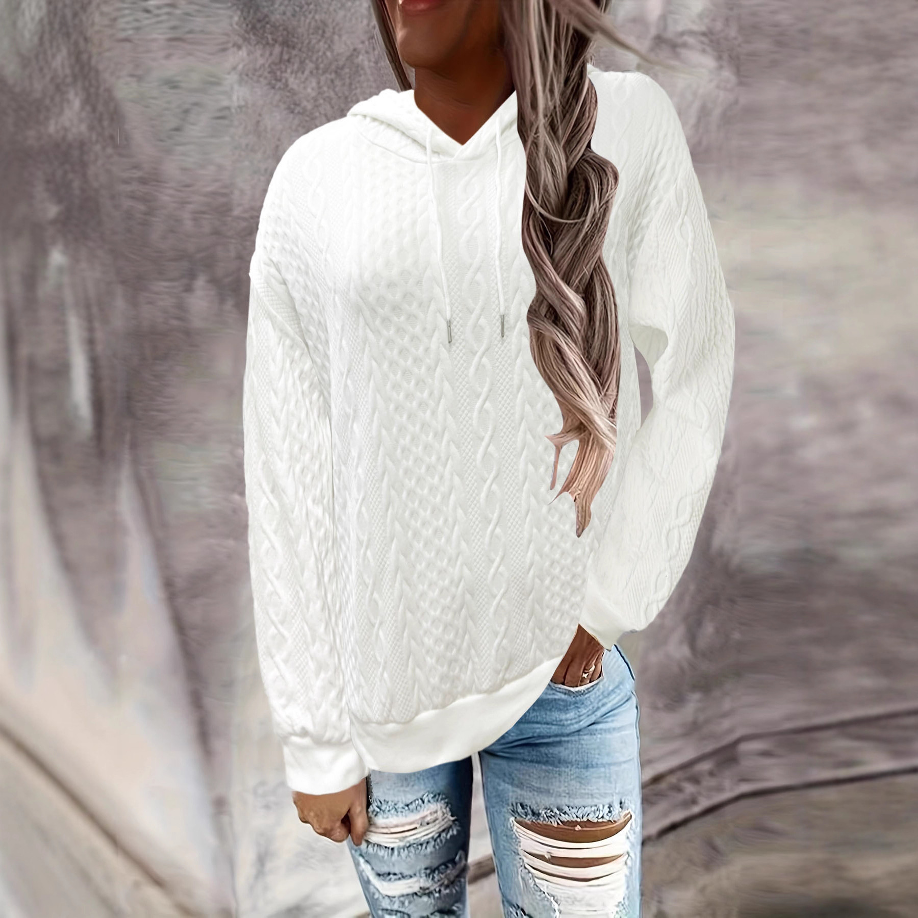 Autumn Winter Plus Size Solid Color Jacquard Pullover Sweatshirt Fashion Casual Long Sleeve Hooded Jacket Women's Clothing